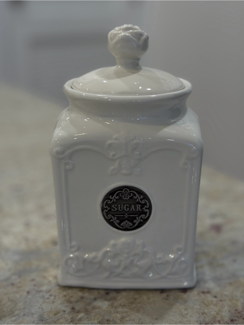 THL White Ceramic Sugar Canister Jar with Lid Embossed Floral Kitchen Storage